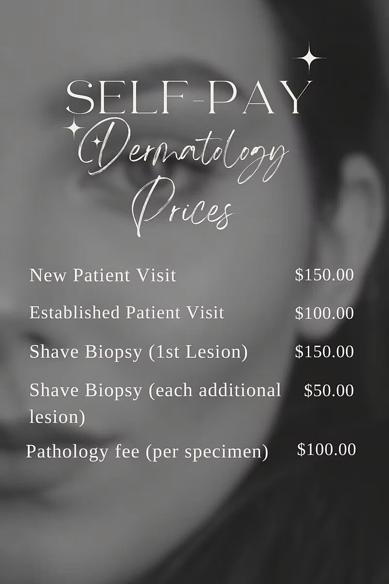 Self-pay dermatology price list with services.