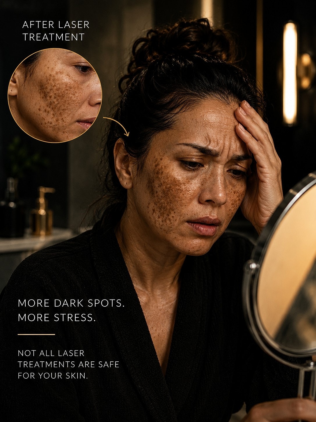 Woman stressed after ineffective laser skin treatment.