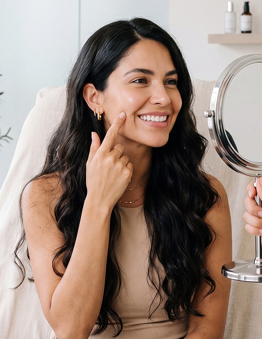 Woman admiring her skin in mirror.