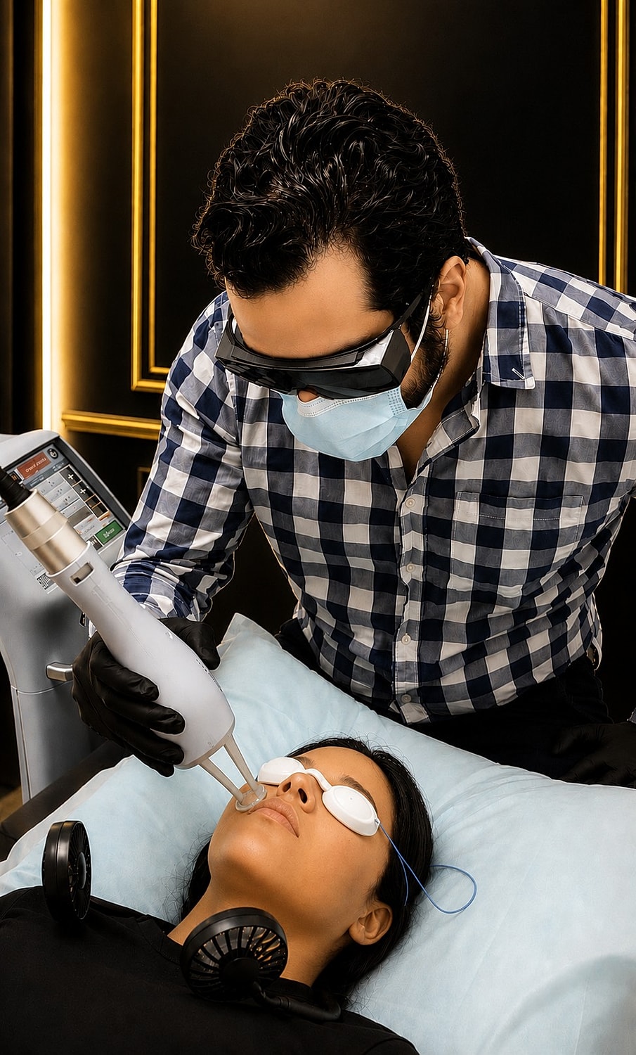 Skincare treatment with laser device in clinic.