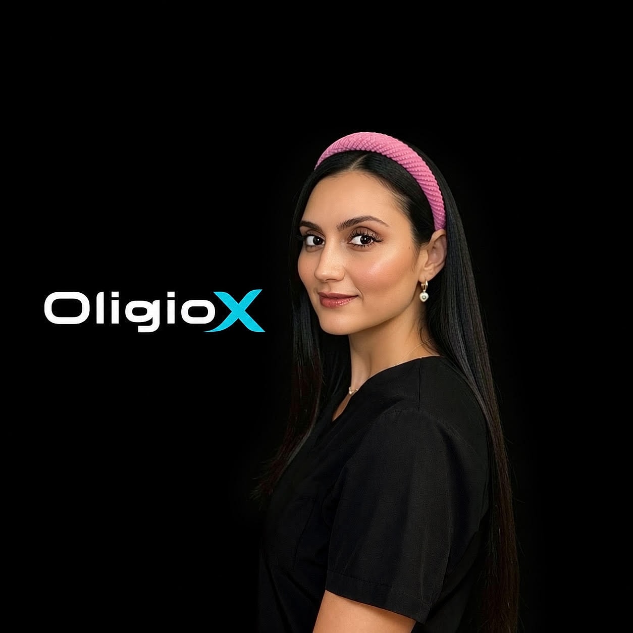 Professional woman with OligioX branding.