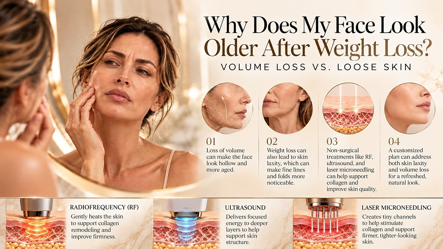 Woman examining skin after weight loss concerns and skin tightening options