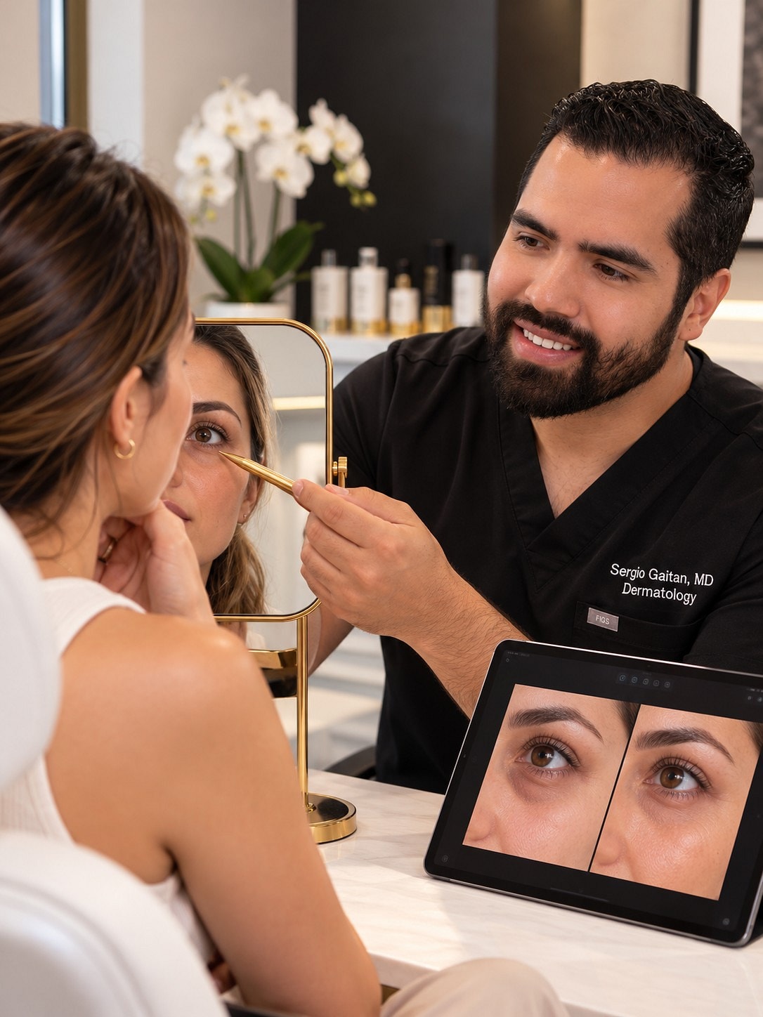 award winning cosmetic dermatologist in miami performing an undereye assessment