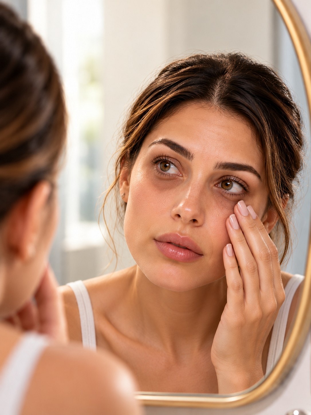 woman looking at dark circles in mirror