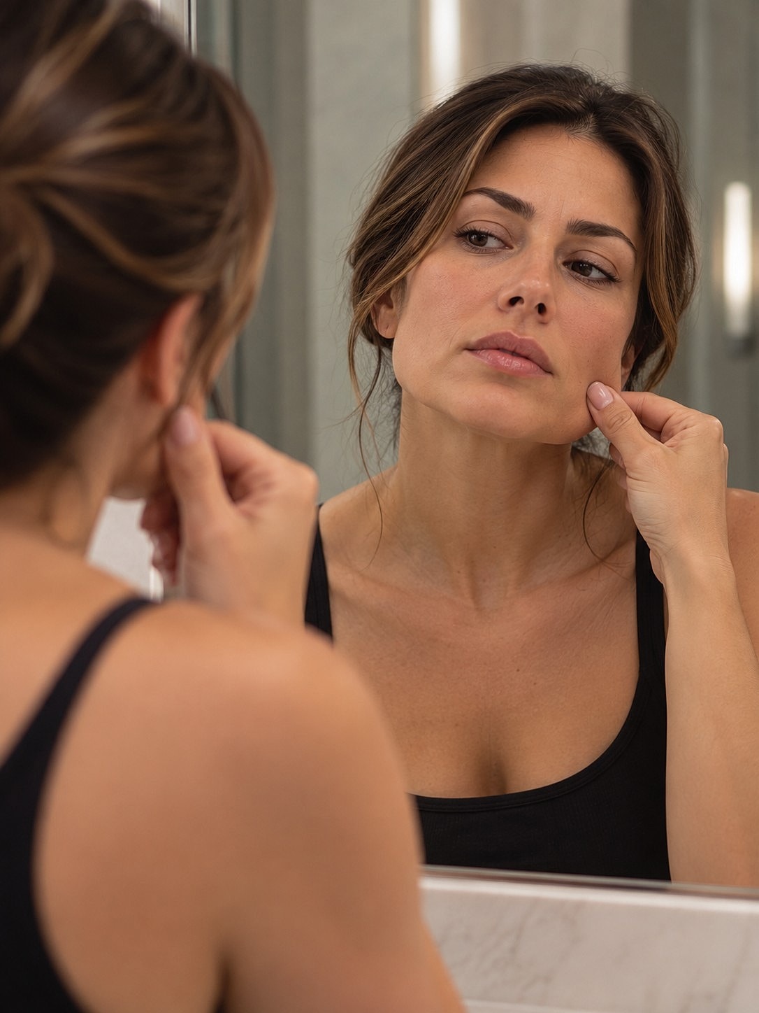 Woman examining her skin in a mirror.