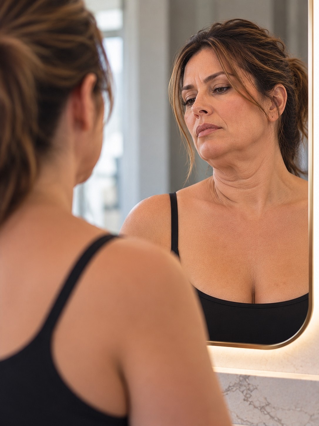 Woman looking into mirror, contemplative surgery