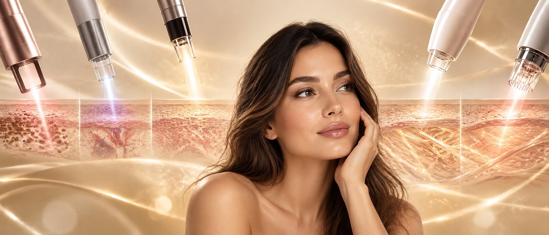 Skincare treatment with devices and glowing skin.