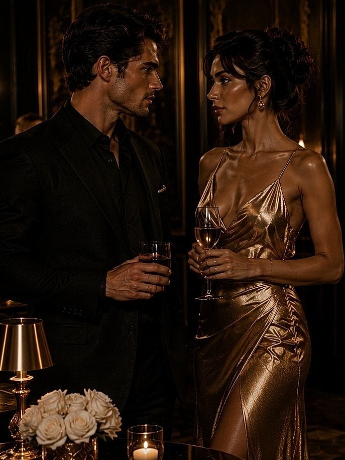 Elegant people in formal attire at a gathering.